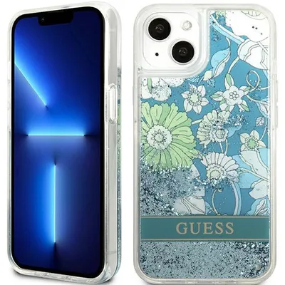 Zdjęcie produktu dla Etui Guess Flower Liquid Glitter do iPhone 13 mini zielony