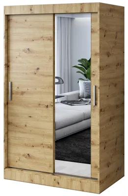 Zdjęcie produktu dla Szafa przesuwna - 120x200cm -Dąb Artisan - Szafa przesuwna HUGO - z lustrem- do sypialni i garderoby