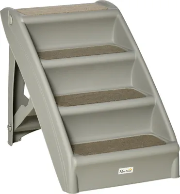 Produktbild von PawHut Klappbare Haustiertreppe mit 4 Stufen, tragbare Stufe für Hunde und Katzen, mit rutschfesten Matten, für Bett, Sofa, Belastung 20 kg, 62 x 38 x 49,5 cm, Grau