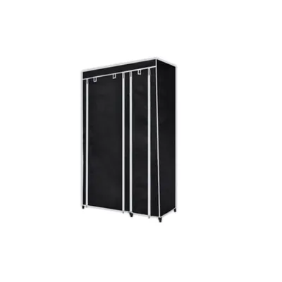 A black portable fabric wardrobe with white trim and zippers against a white background.