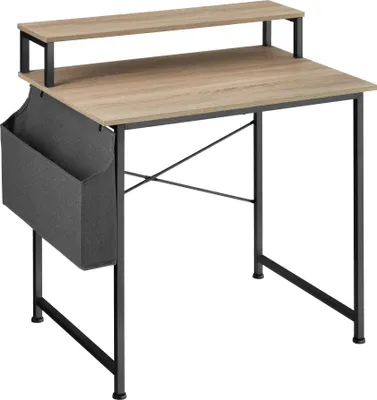 A product shot of a desk with a shelf and a fabric organizer.