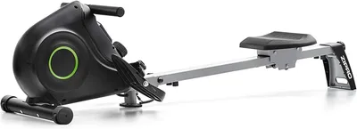 A black and gray rowing machine is shown against a white background.