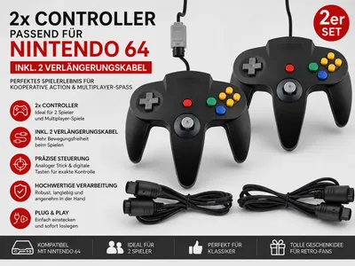 Produktbild von 2x Controller passend für Nintendo 64 N64 – Gamepad Joypad Schwarz inkl. 2 Verlängerungskabel – Retro Gaming Zubehör, KI-generiertes Bild