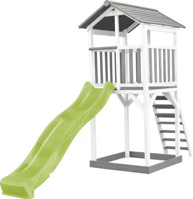 Produktbild von AXI Beach Tower Spielturm aus Holz in Weiß & Grau | Spielhaus für Kinder mit hellgrüner Rutsche und Sandkasten | Stelzenhaus für den Garten