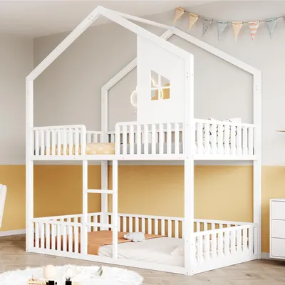 Obrázok produktu pre Detská poschodová posteľ 90x200 cm z kovu, domčeková posteľ s strešným rámom a oknami, obvodovými zábradliami, rovným rebríkom a flexibilným spodným priestorom, biela