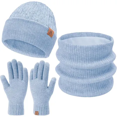 Productafbeelding van Uni wintermuts en sjaal set, 3-delig, gebreid, met fluwelen voering, blauw