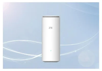 A white ZTE router is centered against a light blue and white gradient background with abstract white lines.
