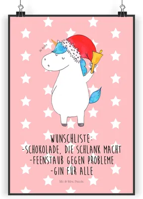 Produktbild von Mr. & Mrs. Panda Bild Einhorn Weihnachtsmann DIN A4 - Rot Pastell - Geschenk, wanddeko, Gin, kunstdruck poster, Plakat, drucke, Schokolade, Weihnachten, Nikolaus, Unicorn