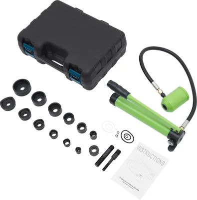 Immagine prodotto di Set punzonatrice idraulica - Pompa manuale - Forza di punzonatura 80 kN - Corsa 25 mm - 6 matrici - Verde