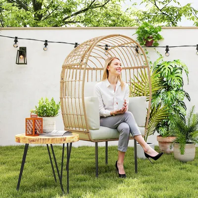 Produktbild von Polyrattan Lounge Gartensessel Ei-Form Beige - Outdoor Sessel Wetterfest & UV-beständig mit Kissen - Ei-Förmiger Korbsessel Lounge-Sessel Belastbar bis 120 kg