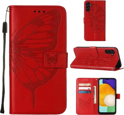 Produktbild von Galaxy A13 5G Hülle, Schmetterling Prägung Flip Leder Kartenfächer Schutzhülle Ledertasche mit Ständer für Samsung Galaxy A13 5G Rot