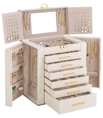 Imagen del producto de Caja de joyería grande, con 7 compartimentos, con espejo, color beige, para guardar joyas