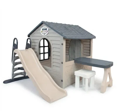 Produktbild von Gartenspielhaus - Kinderspielhaus mit Picknicktisch und Hocker - XXL-Rutsche im Set - Wetterfest - Beige/Grau - Indoor & Outdoor