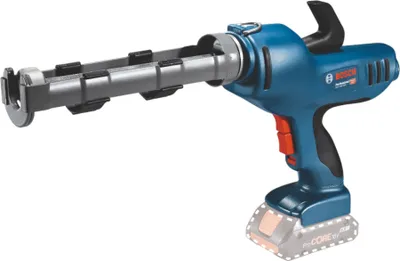 A cordless caulking gun with a battery pack attached, shown against a white background.