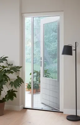 Productafbeelding van Unyqoos® Bruynzeel S700 Plissé vliegenhor, deur, 100x199 cm, aluminium profielen, wit – ruimtebesparend, 7 mm drempel, magnetische handgreep