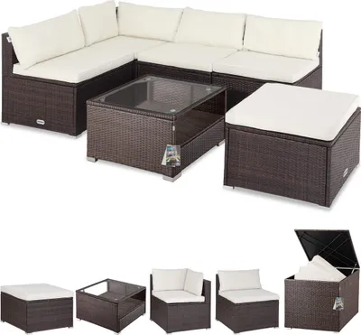Produktbild von CASARIA® Gartenmöbel Set Lounge inkl. Auflagenbox 318L Wetterfest mit Tisch Auflagen Terrassenmöbel Outdoor Polyrattan Garten Balkon Sitzgruppe Braun Creme