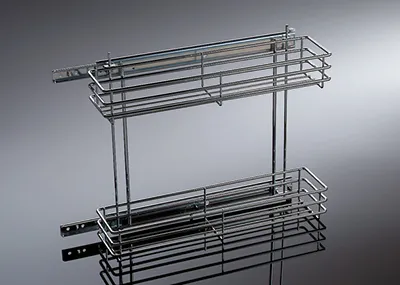 A chrome pull-out basket with two shelves, mounted on drawer slides, against a gradient gray background.