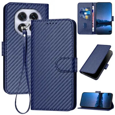 Image de Étui en similicuir et fibre de carbone avec lanière pour Xiaomi Redmi Note 14 Pro 5G, bleu foncé