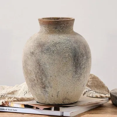 Image de Pot de fleurs en terre cuite style champêtre, 15 cm, décoration bohème, accessoire de salon, table d'appoint, soucoupe à fleurs, décoration champêtre, style rustique, gris ardoise