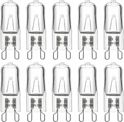 A grid of ten clear halogen light bulbs with G9 bases.