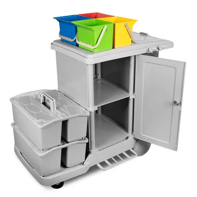 Produktbild von G.I.V. Stabiler Reinigungswagen & Materialwagen mit Moppboxen + abschließbarem Schrank, Dauerabfallsack, leise Räder, 4-Farbsystem Eimer je 6L