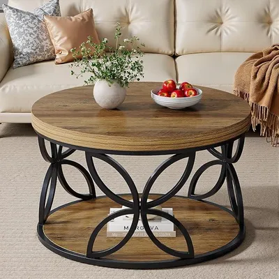 Imagen del producto de Mesa de centro redonda de 80 cm con espacio de almacenamiento, mesa de centro redonda con estante, mesa de centro de 2 niveles en estilo rústico, mesa auxiliar de madera y metal para sala de estar, oficina (color marrón rústico)