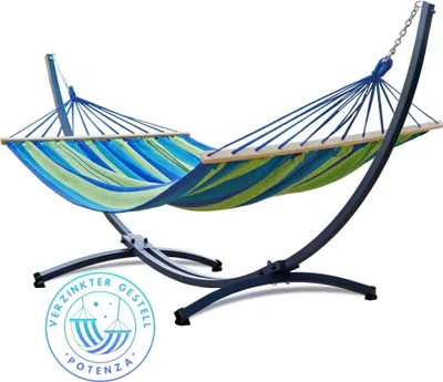 Produktbild von Potenza Outdoor Hängematte mit Verzinkter Gestell für 2 Personen I Stabhängematte XXL 220x160, 200kg I Hängemattengestell 220kg Wetterfest