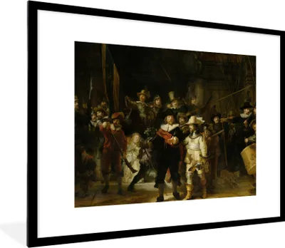 Produktbild von MuchoWow® Gerahmtes Poster Die Nachtwache - Kunst - Alte Meister - Rembrandt 80x60 cm - Poster mit Schwarzem Bilderrahmen Wandposter Rahmen Foto Bilder - Schlafzimmer-Dekorationen - Fotoposter