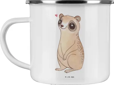Produktbild von Mr. & Mrs. Panda Pott Plumplori Glücklich - Weiß - Geschenk, Emaille Becher, Teetasse, Haferl, Niedlich, Glück, Lustige Sprüche, metallbecher, Tasse