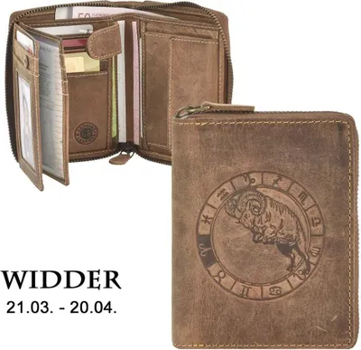 Produktbild von Greenburry Geldbörse Herren Leder braun antik Vintage mit Sternzeichen Prägung Portemonnaie mit Reißverschluss 821A-WIDDER