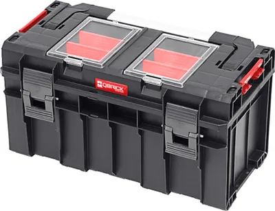 A black tool box with red dividers and clear lids.