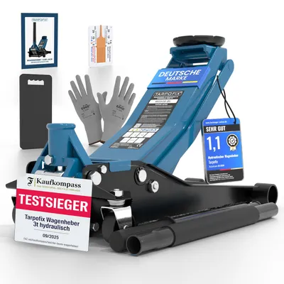 Produktbild von Tarpofix Wagenheber 3T hydraulisch – Rangierwagenheber flach für Auto & SUV, Hubhöhe 85 - 475 mm, inkl. Gummiauflage & Handschuhe