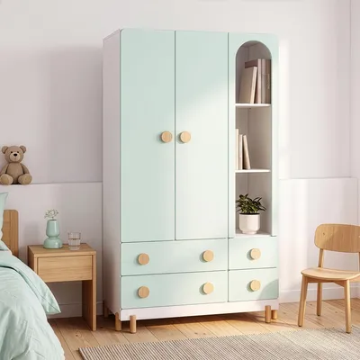 Image de Armoire pour enfants "Vaarentaa" avec 2 portes, 4 tiroirs, dimensions 156 x 90 x 41 cm, couleur blanc/vert menthe