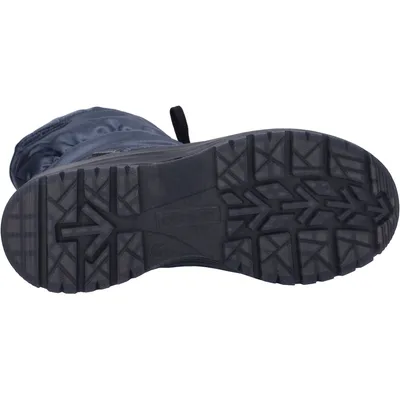 The sole of a blue snow boot is shown against a white background.
