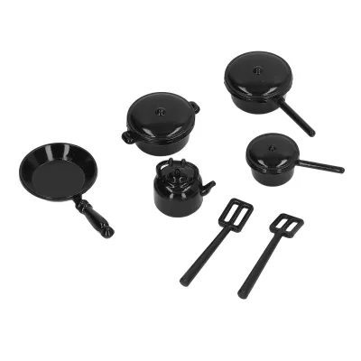 Obrázek produktu pro Miniaturní hrnce a pánve pro panenky 1/12 Kuchyňské nádobí pro panenky s víčky Vidličky Láhev na vodu pro příslušenství pro panenky