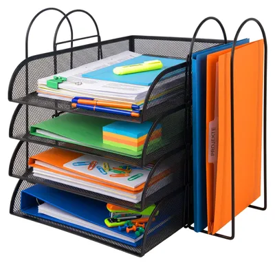 Obrázok produktu pre Relaxdays zásobník na listy, kovový, A4, 4 priehradky, 2 stojany na časopisy, VxŠxH: 33 x 40,5 x 33,5 cm, organizér na stôl, čierny
