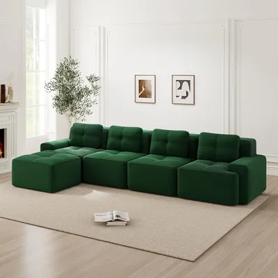 Image de Canapé modulable en velours côtelé, forme en L, sans structure, 4 places, assise profonde, 382 x 177 x 69 cm, vert