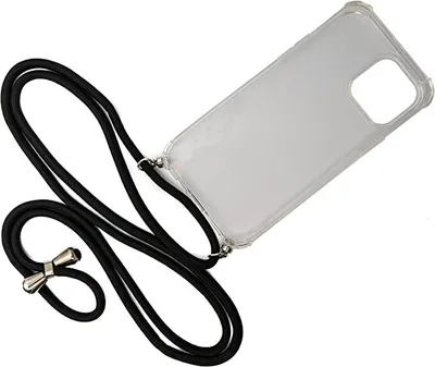 A clear phone case with a black lanyard attached, shown against a white background.
