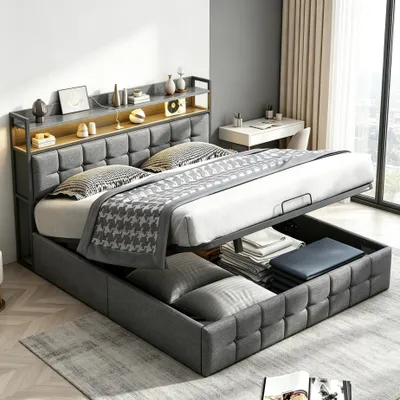 Produktbild von INONEFT Polterbett 140 x 190 cm, hydraulisches Bett mit Stauraum und Lattenrost, Kopfteil mit LED-Beleuchtung und USB-Ladestation, Leinen, Grau