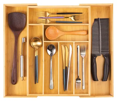 Imagen del producto de Caja para cubiertos de bambú, extensible, de 33-52 x 43 x 5 cm, con 6-8 compartimentos, para la cocina