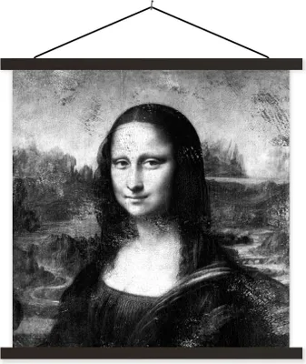 Produktbild von MuchoWow® Textilposter Mona Lisa - Leonardo da Vinci - Schwarz - Weiß 120x120 cm mit schwarzem Rahmen - Aufhängungsset