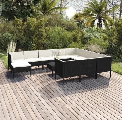 Produktbild von 12-tlg. Garten-Lounge-Set mit Auflagen Poly Rattan Schwarz , Gartenmöbel-Sets Design 2024