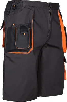 A close-up view of black and orange work shorts.