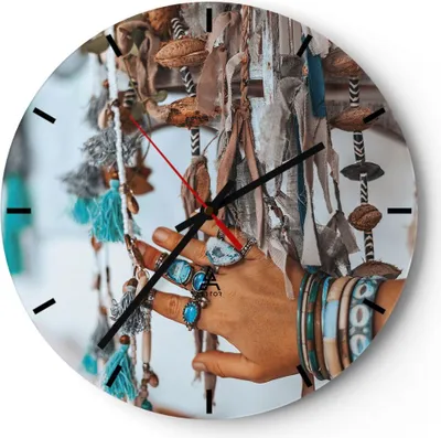 Produktbild von Wanduhr - Rund - Glasuhr - Hand Schmuck ethnisch - 30x30cm - Schleichendes Uhrwerk - Lautlos - zum Aufhängen bereit - Dekoration Modern - Wanddekoration aus Glas - C3AR30x30-5107