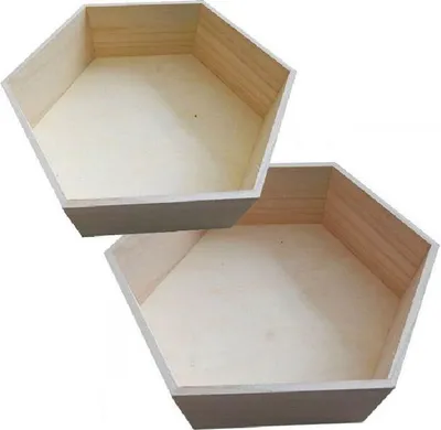 Two hexagonal wooden shelves are shown against a white background.