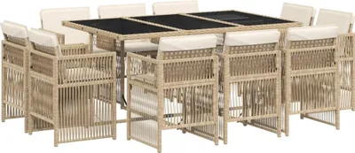Produktbild von 11-tlg. Garten-Essgruppe mit Kissen Beige Poly Rattan