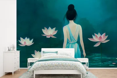 Produktbild von MuchoWow® Fototapete für Wohnzimmer oder Schlafzimmer Wandtapete Vinyl Motivtapete Frau - Porträt - Wasser - Blumen - Lilie - 600x400 cm - Vinyltapeten
