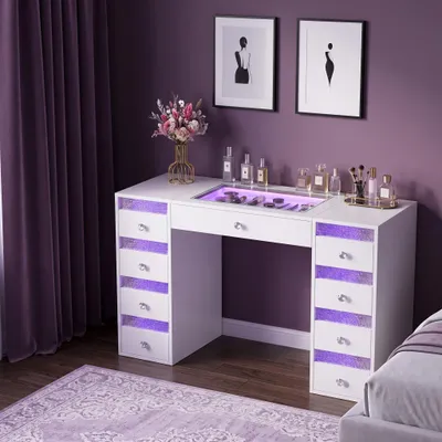 Image de Coiffeuse avec éclairage LED, 9 Tiroirs Blanc 130 x 55 x 81 cm