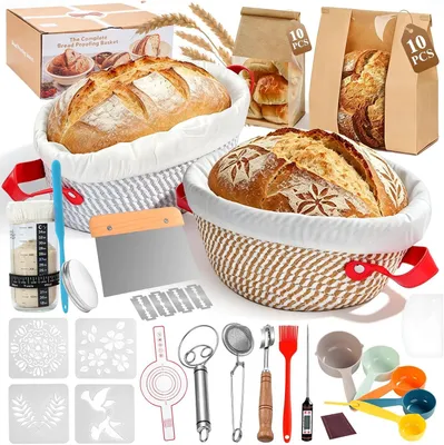 Produktbild von Komplettes Set für Sauerteigbrot – Enthält: 2 Gärkörbe (25 cm oval und 23 cm rund), ein Backset und Sauerteiggläser
