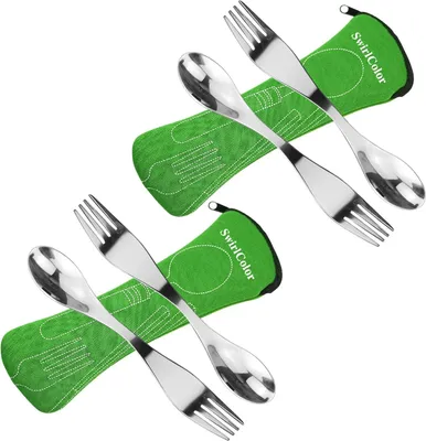 Produktbild von Wiederverwendbare Edelstahl-Sporks - Set von 4 - Tragbares Campingbesteck - Nachhaltig und praktisch - Grün